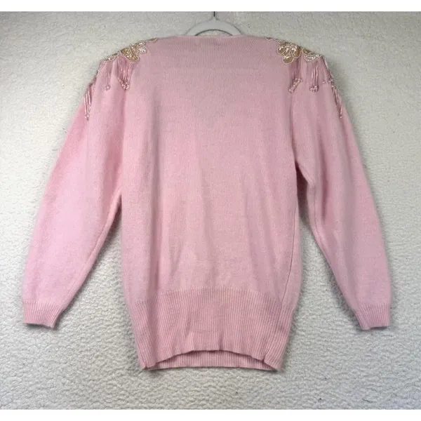 Vintage Simply‎ Tops Sweater Womens Small Pink V Neck Beaded Sequin Angora 80s - Image 2