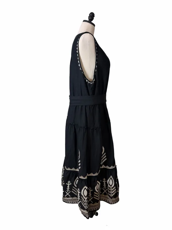 Soft Surroundings Embroidered Tiered Midi Dress Size 2X Linen Blend Belted Black - Image 5