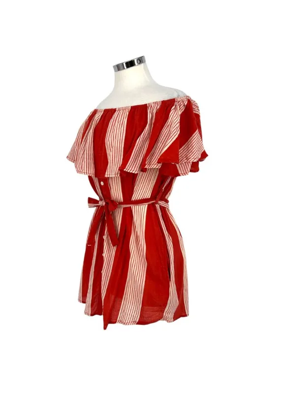 Faithfull The Brand Amalfi off-Shoulder Rust Red Striped Mini Dress Size Small - Image 5