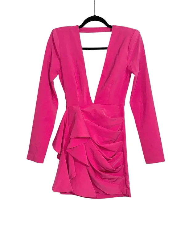 Michael Costello x Revolve Fena Plunge Neck Fuchsia Long Sleeve Mini Dress XXS - Image 4