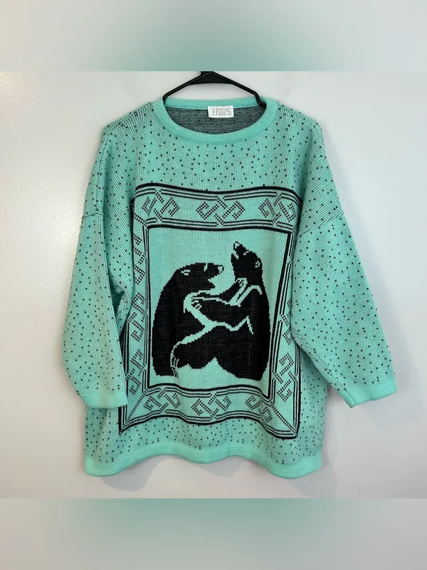 Vintage Honors Plus Teal Blue/Black Crewneck Bears and Polka Dot Sweater Size XL - Image 2