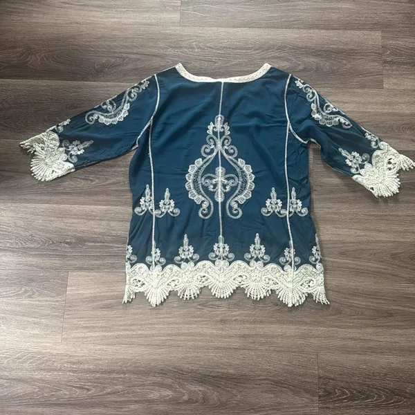 Ultra Pink Blue Embellished Blouse with Peter Pan Collar Crochet Detail Boho Top - Image 2