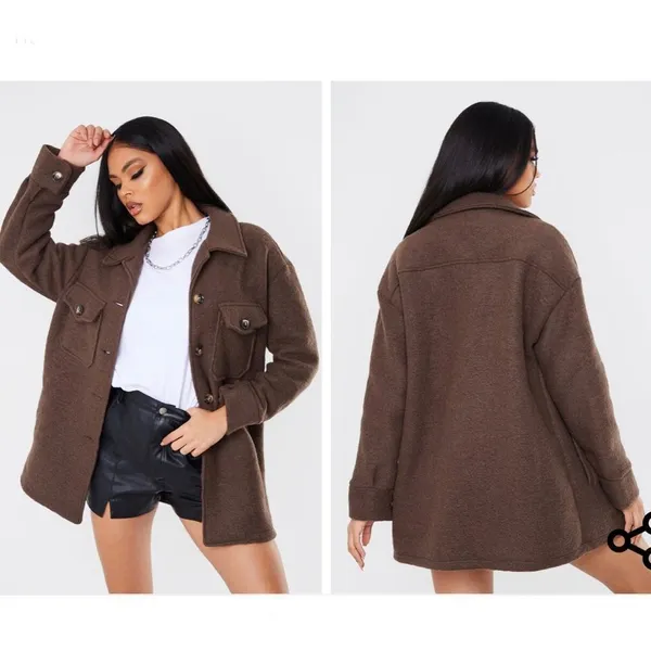 NWT PrettyLittleThing Brown Brushed Longline Button Up Shirt Shacket 12 - Image 2