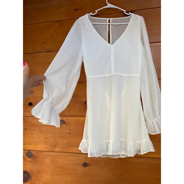 NWOT Lulus Sheer Attraction White Long Sleeve Ruffled Mini Dress Cocktail Size L - Image 5