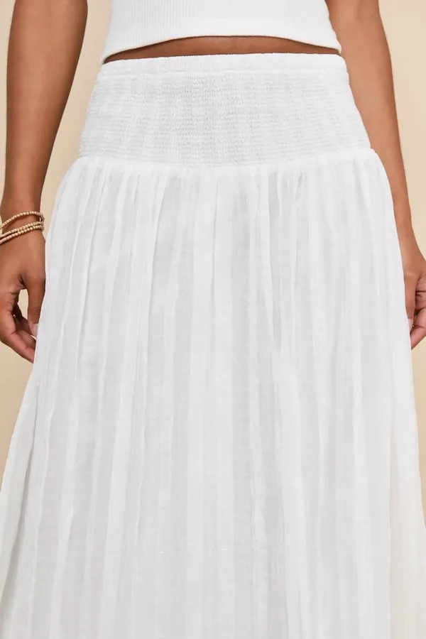 New Lulus Sunny White Smocked Tiered High-Waisted Midi Skirt Size Small MSRP $59 - Image 4