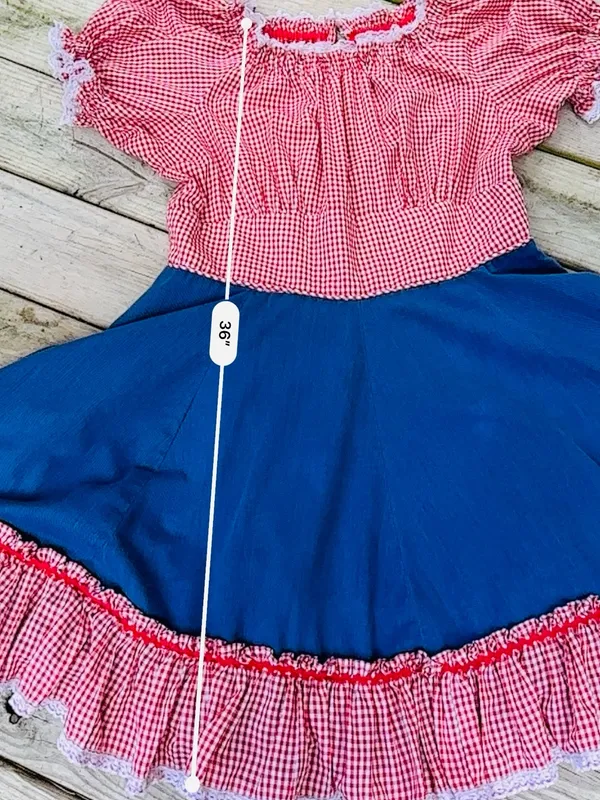 Handmade VINTAGE SQUARE DANCE PRAIRIE DRESS RED GINGHAM CHECKERED w DENIM Size 12/14 - Image 9