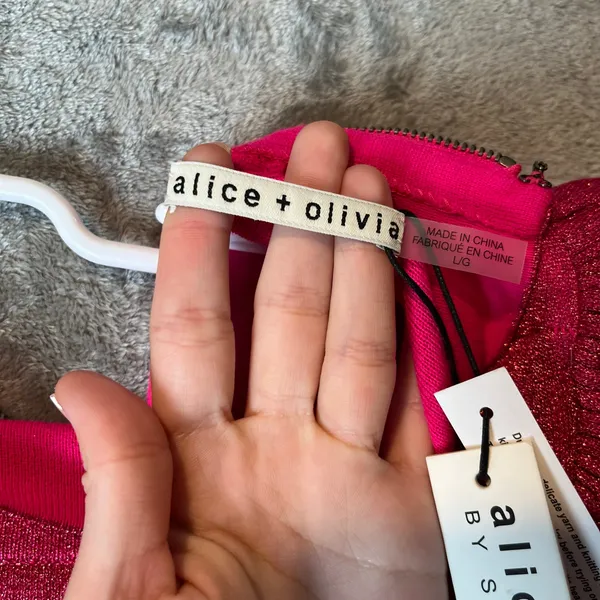 Alice + Olivia Issa Turtleneck Puff Sleeve‎ Dress Pink Glitter LG Wool Blend New - Image 8