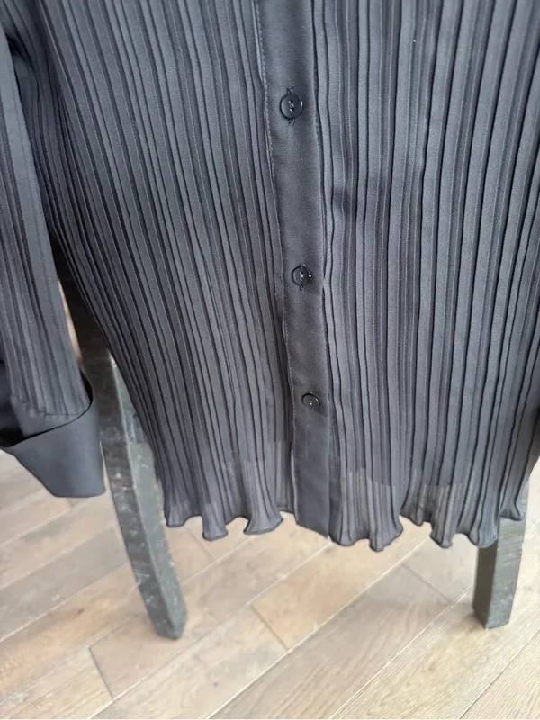 Women’s Black Pleated Button-Front Sheer Blouse with Button Sleeves - Image 4