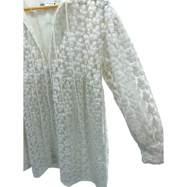 Zara White Floral Embroidered Babydoll Mini Dress V-Neck Tie Balloon Sleeve XS - Image 5