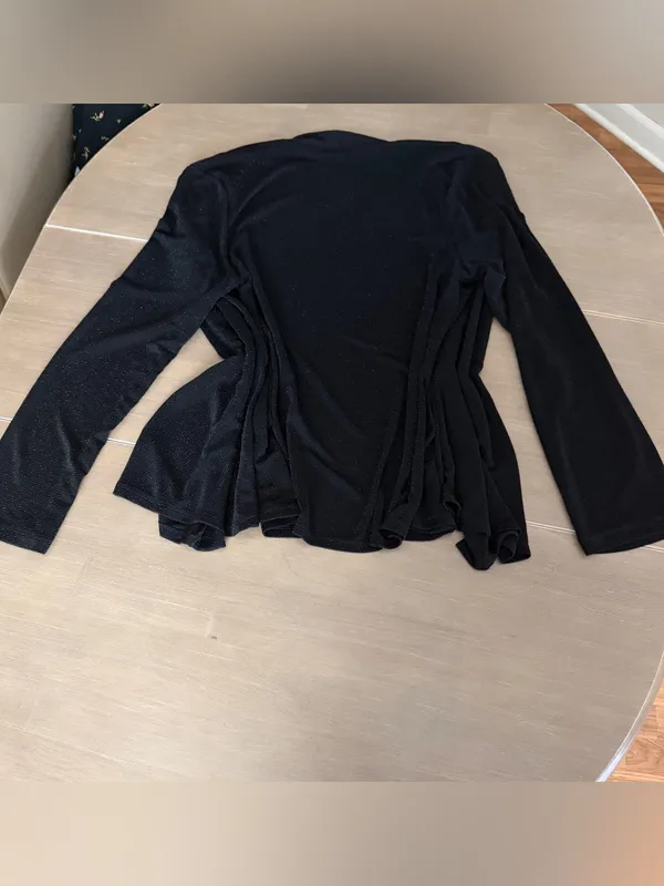 Onyx Nite XL Black Metallic Shimmer Open Front Ruffle Hem Cover Up Cardigan - Image 2