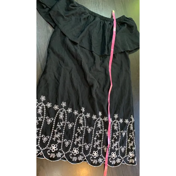 Old Navy Off Shoulder Black Dress S Embroidered Floral‎ Scallop Hem Linen Blend - Image 10