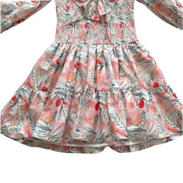 Vestique Sammie Dress Peach Green Floral Smocked Deep V-Neck Mini Small NEW - Image 11
