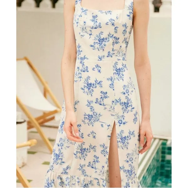 Rihoas Blue White Toile Floral Square Neck Ruffle Hem Midi Dress XS NWT - Image 2