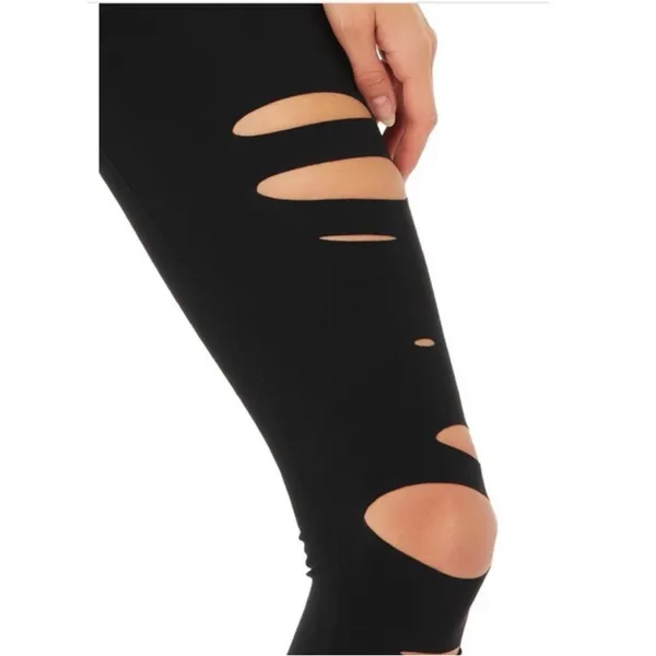 Alo Yoga Warrior High Rise Waist Edgy Goth Black Ripped Slashes Leggings S - Image 5