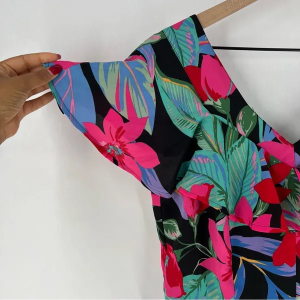 Cupio Tropical Floral Print Chiffon Ruffle Flutter‎ Sleeve V Neck Jumpsuit - Image 4