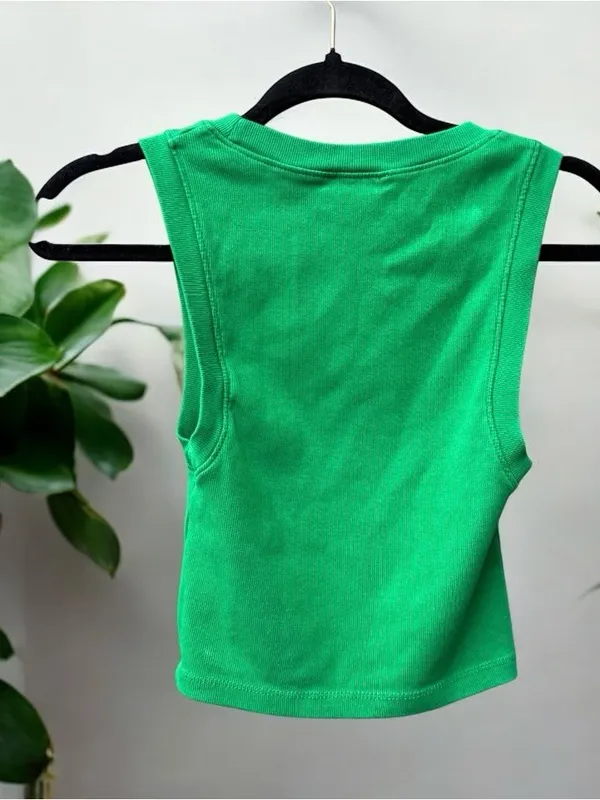 Zara Green Ribbed Cropped Tank Top Small - Image 2