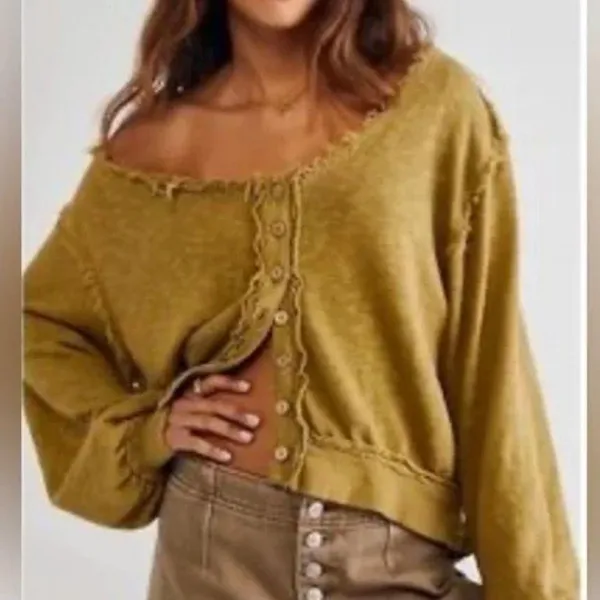 Free People X We The Free Golden Road Cardigan Curly Willow Mustard Olive Crop - Image 5
