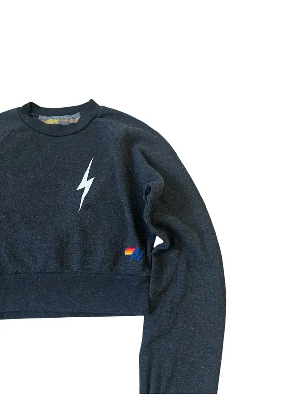 Aviator Nation Bolt Logo Classic Cropped Crew Sweatshirt Gray White Casual Beach - Image 3