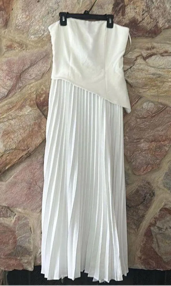 Commense Solid Pleated Strapless Split Dress size Large White - Image 3