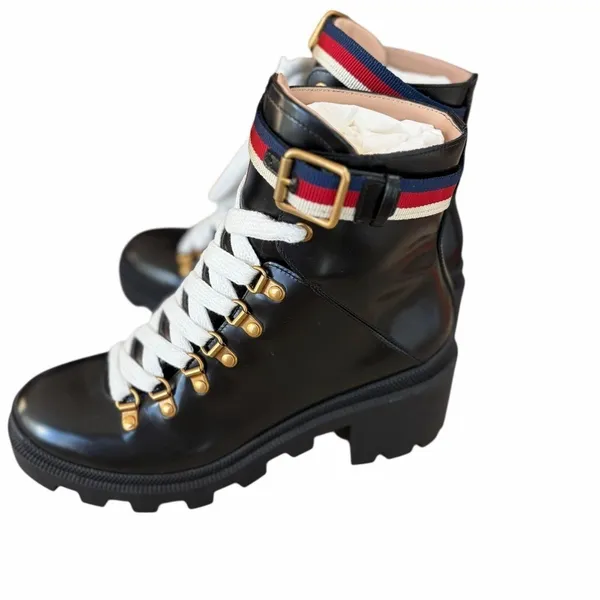 Gucci Sylvie Web Lace Up Combat Boot size 38 - Image 3