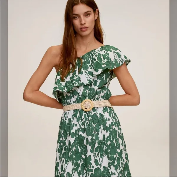 Mango One-Shoulder Green Leaf Dress - Image 4
