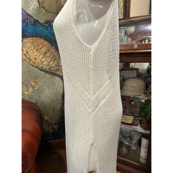 Boho Crochet Knit Maxi Cover Up Dress White Sleeveless V-Back Summer Resort - Image 7