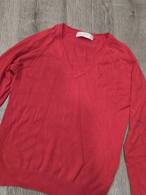 Zara Women Red V-Neck Long-Sleeve Knit Sweater Lightweight Cotton Blend Sz Large - Image 4