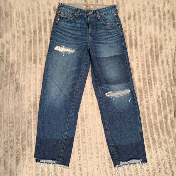 Ariat Real Denim High Rise‎ Straight Leg Distressed Patchwork Jeans Blue 25R - Image 2