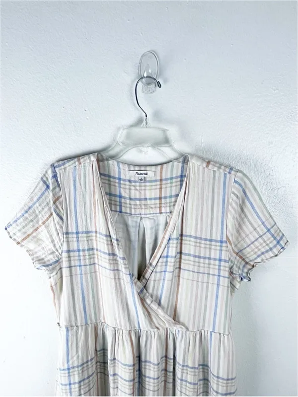MADEWELL Clara Linen Blend Plaid Short Sleeves Pockets Dress Size Medium Boho - Image 7