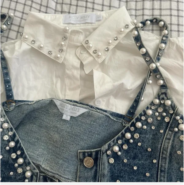 White collared dress shirt with matching denim vest. - Image 2