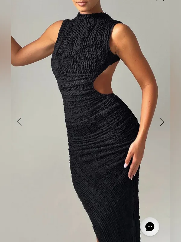 Babyboo NWT Women Large Black Crinkle Textured Open Back Thigh Split Midi Dress - Image 5