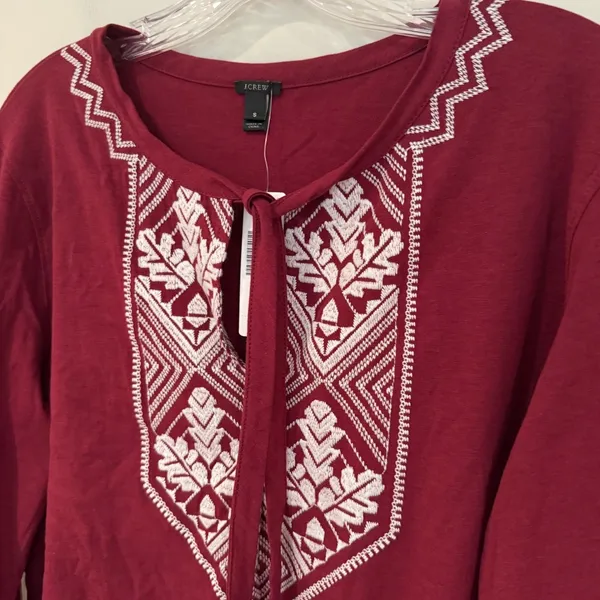J. Crew Embroidered Tie‎ Neck Long Sleeve Top Women's Small Burgundy Boho Hippie - Image 3