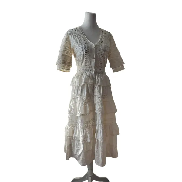 LoveShackFancy Rebecca 100% Cotton White Lace Embroidered Tiered Midi Dress - Image 9
