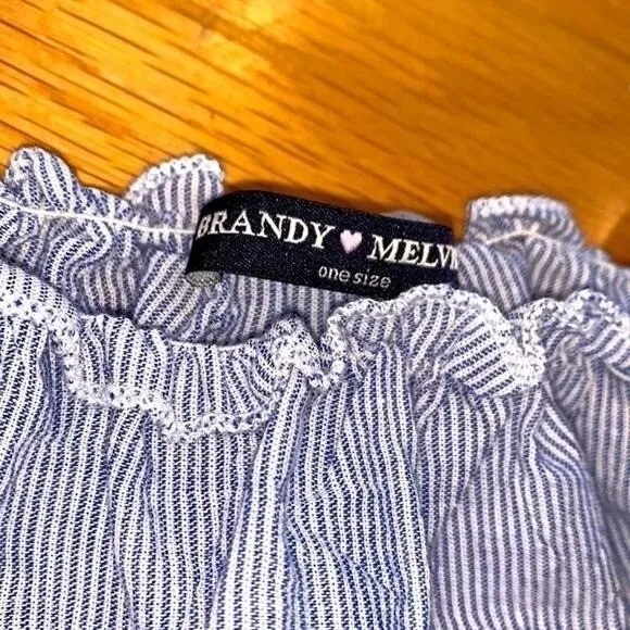 Brandy‎ Melville Blue White Pinstripe Ruffle Tie Strap Crop Top One Size - Image 11