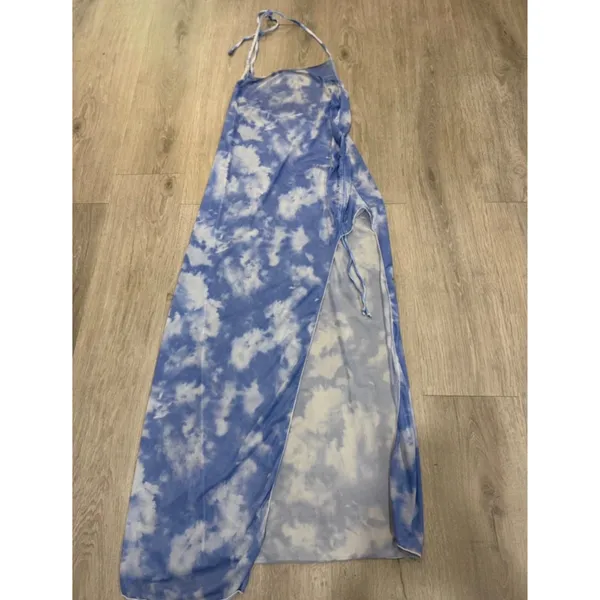 Blue Cloud Print Halter Swim Cover Up Maxi Dress Beach Resort Side Slit - Image 2
