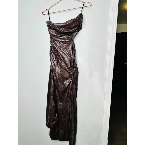ALC Frank Brown Faux Leather Sleeveless Strapless Ruched Side Cutout Andie Dress 8 - Image 4
