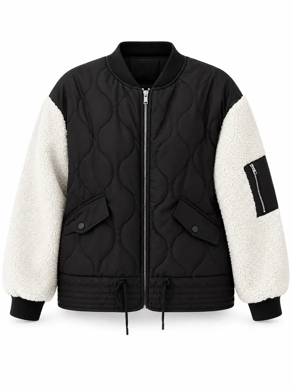 Focus Quilted Sherpa Sleeve Bomber Jacket Black White Size M - Image 2