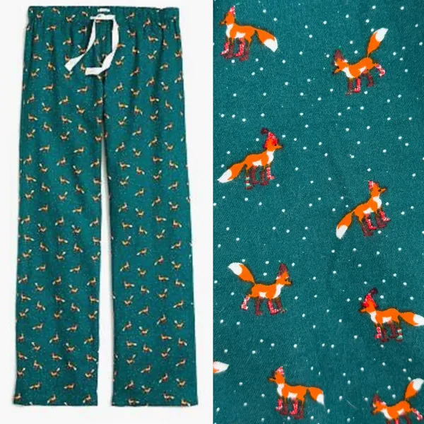 J.Crew Pajama Pants Women XS Green Excellent Flannel Fox Print F8320 - Image 2