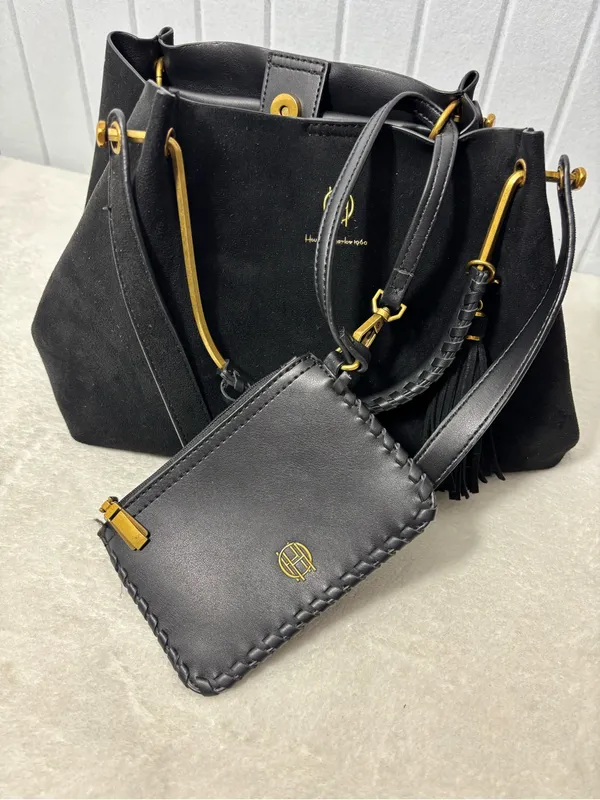 House Of Harlow 1960 Black Faux Suede Luxe‎ Satchel Wristlet Bag - Image 7