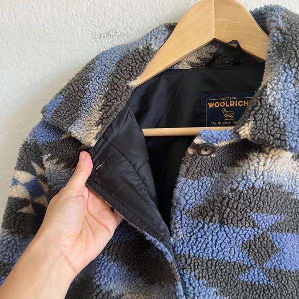 WOOLRICH Vtg Sherpa Aztec Fleece Deep Pile Blue Black Jacket Coat Womens Medium - Image 4