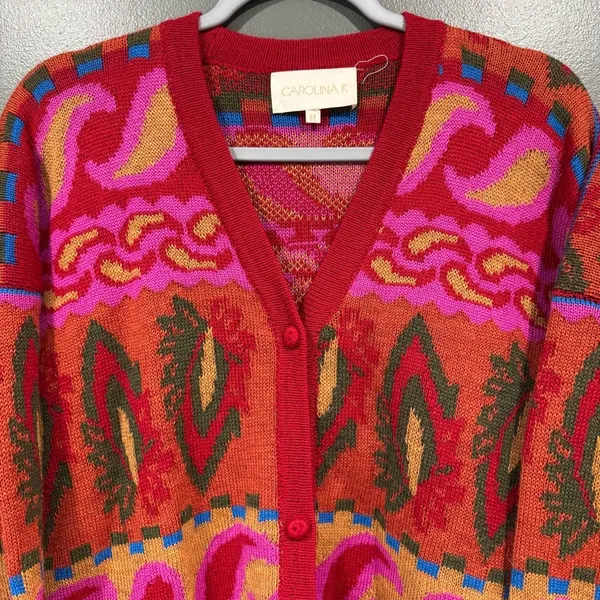 Carolina K Size M 100% Alpaca Wool Paisley Bright Western‎ Cardigan Sweater - Image 2
