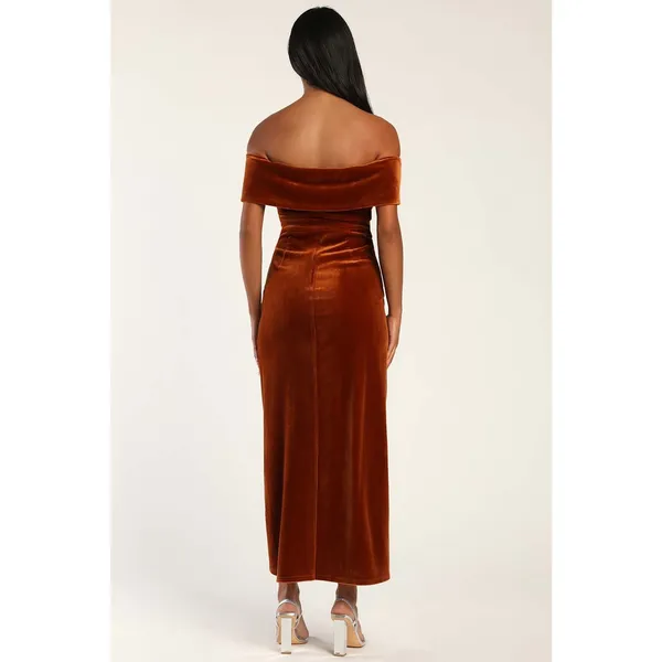 NWT Lulus I'm Enchanted Rust Orange Velvet Off-the-Shoulder Maxi Dress Gala L - Image 3