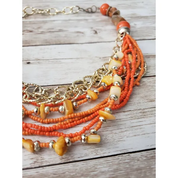 Vintage Necklace Orange & Gold Tone Multi Layer Statement Necklace - Image 4