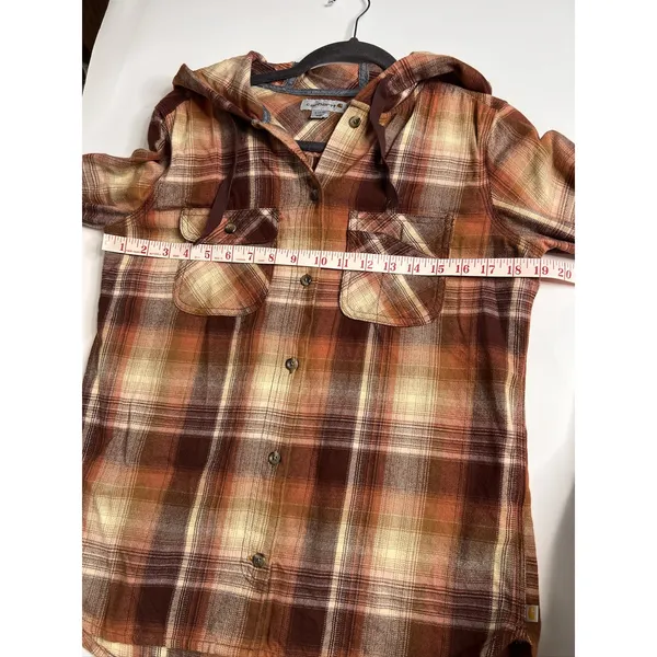 Carhartt Hooded Flannel Plaid Shirt Women's Small Orange Brown Cotton - Image 7