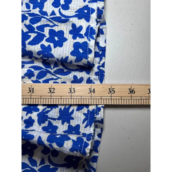 THML Anthropologie XL Blue White Floral Tiered Babydoll Dress Pink Pom Pom Trim - Image 12