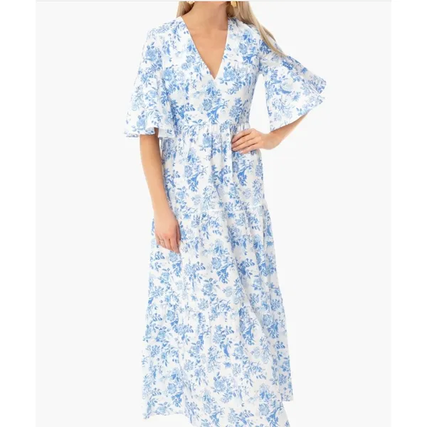 Tuckernuck Ginger Dress Medium Blue Floral Toile Maxi Coastal Grandmother Preppy - Image 16