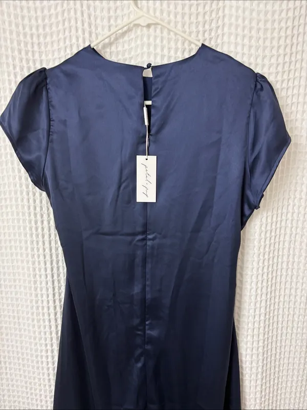 Petal + Pup Lisbeth Ruched Satin Midi Dress Navy Large NWT - Image 12