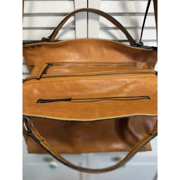 C & C California Leather Bag‎ Satchel Camel Double Strap Zip Brown - Image 4