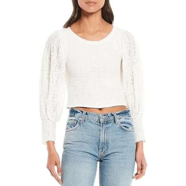 Free People Jasmine Tea Time Long Puff Lace Sleeve‎ Open Back Top Ivory Medium - Image 6