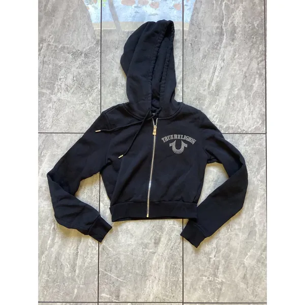 True Religion Womens Black Rhinestone Horseshoe Cropped Zip Up Hoodie XS - Image 3